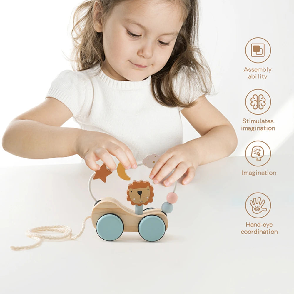 Montessori Holz Baby Anhänger Spielzeug Multifunktionale Bunte Cartoon Bausteine Ziehen Auto Eltern Kind Spielzeug Baby Geschenk