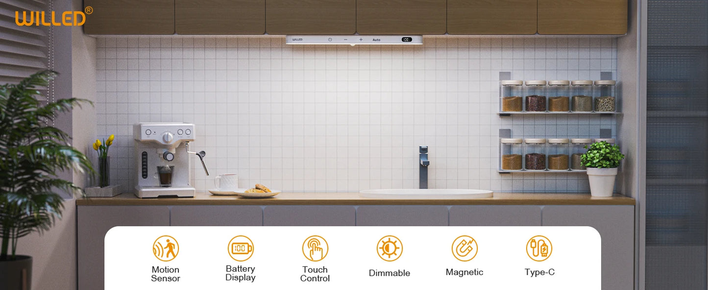 WILLED Under Cabinet Lights Rechargeable Battery Display 60 LED Touch Light Bar Motion Sensor Light Closet Light Night Lights - Shoppiline