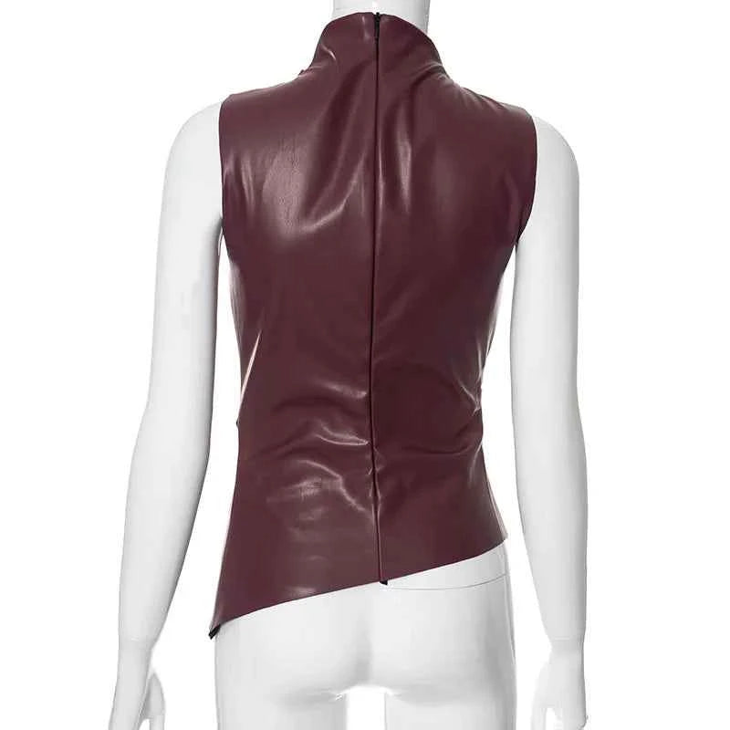 Burgundy Leather Tops Women Fashion Ruched Bodycon Crop Top Summer Sexy Sleeveless Irregular Night Club Party Tanks 2024 Black