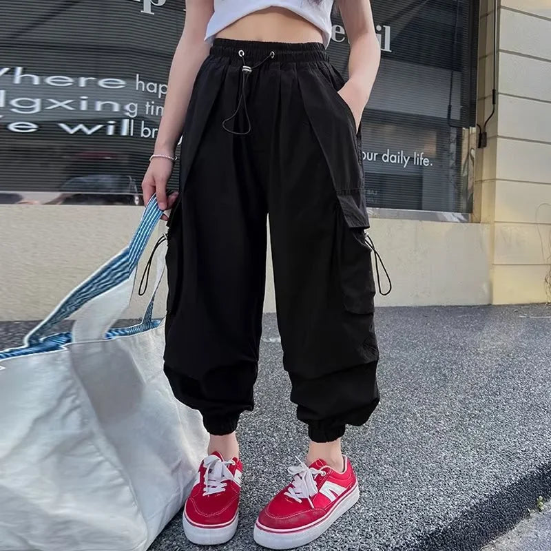 Girls Loose Joggers Pants Teen Casual Straight Cargo Trousers Fashion Children Pockets Design Streetwear Big Kids Pants 5-14 Yea