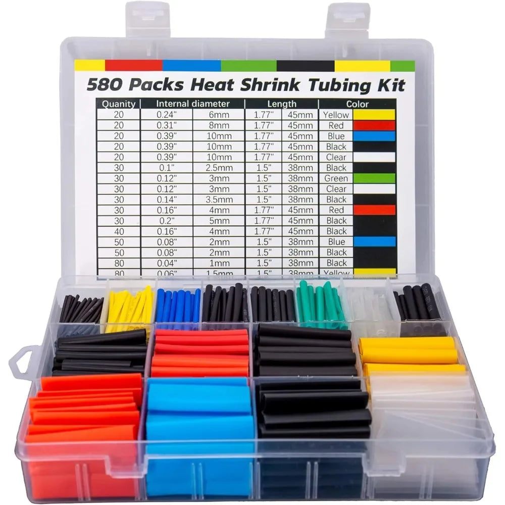 580PCS 2: 1 Cable Shrink Tube Kit Heat Assorted Pack Thermoretractile Insulation Sleeving Cable Wire Shrink Wrapping for DIY