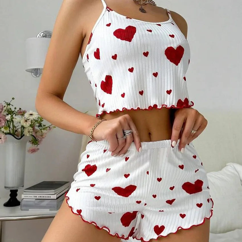 Ensemble de pyjama pour femme 2 pièces : débardeur court et short - Tailles S M L - Blanc - Aéré, doux, décontracté, motif Love