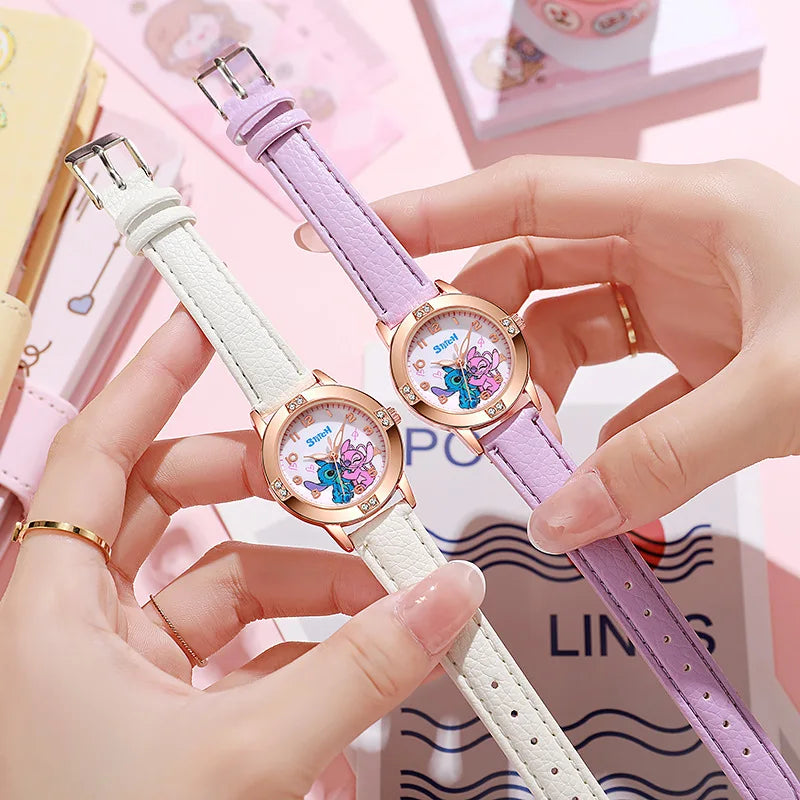 New Cartoon Pattern Stitch Girls Watches for Kids Leather Strap Children Watch with Rhinestone Dial reloj stich Exquisite Gift