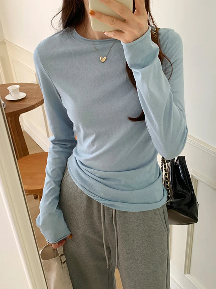 Spring Autumn T shirt Women Tops Solid Long Sleeve Ruched O Neck Tshirts Female Korean Casual Streetwear High Quality Base Tees