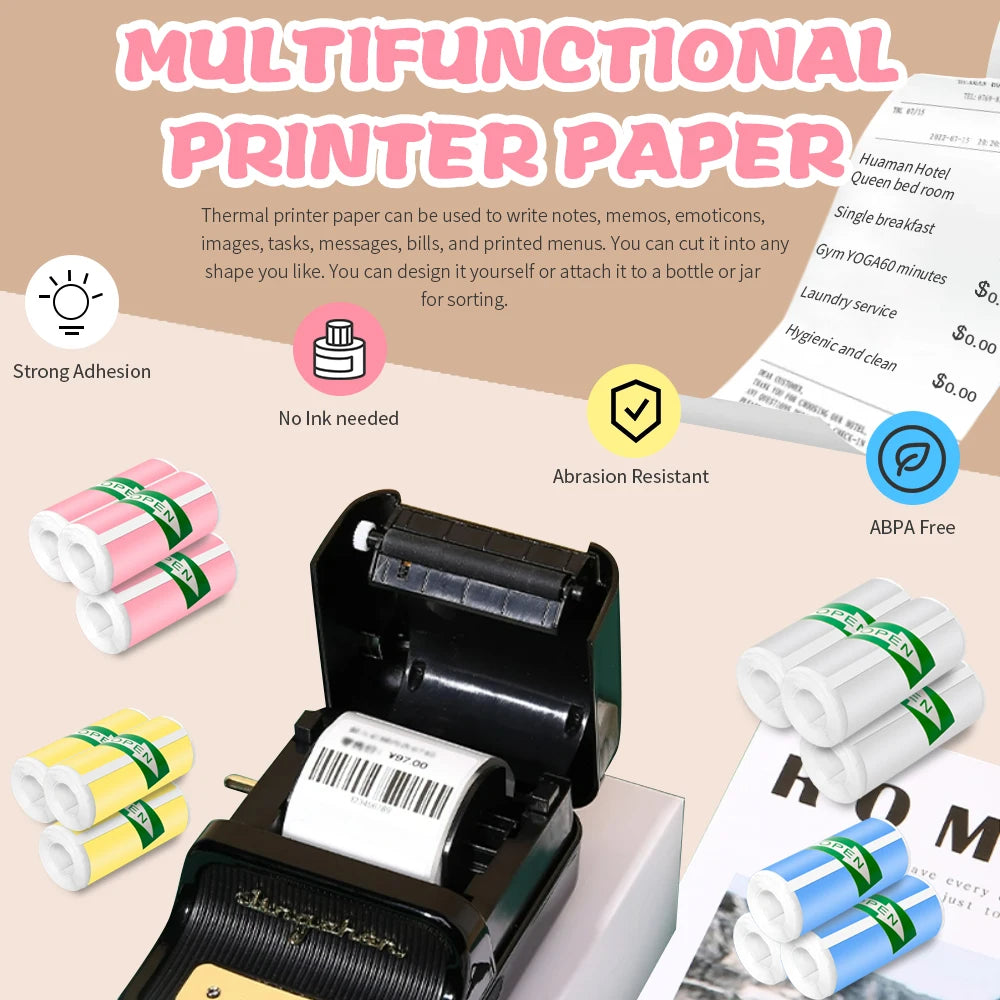 57*25MM Mini Printer Thermal Paper HD Self-adhesive Roll Paper Label Sticker Photo Inkless Printing Portable Printer Color Paper
