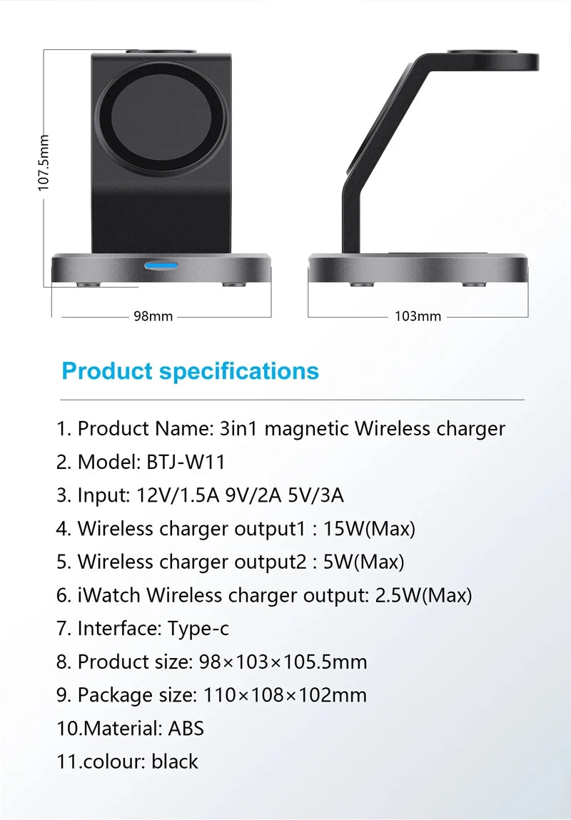 3 In 1 Magnetic Wireless Charger Stand For iPhone 15 14 13 12 Pro Max iWatch AirPods Station Dock MagSafe Fast Charging Station - Shoppiline