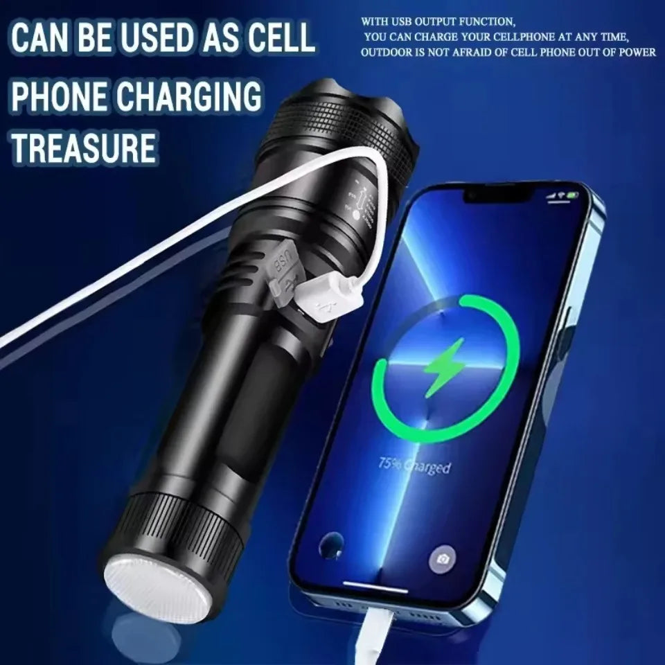 Powerful P70 LED Flashlight Ultra Bright 5000LM Tactical Light with Telescopic Zoom Emergency Spotlight Built-in Battery