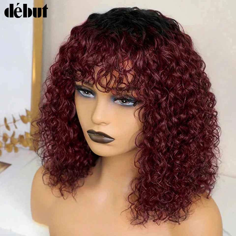 Perruques de cheveux humains Jerry Curly courtes coupe Pixie Bob avec frange pour femmes à porter, Péruvienne, mèches miel, perruques Water Wave