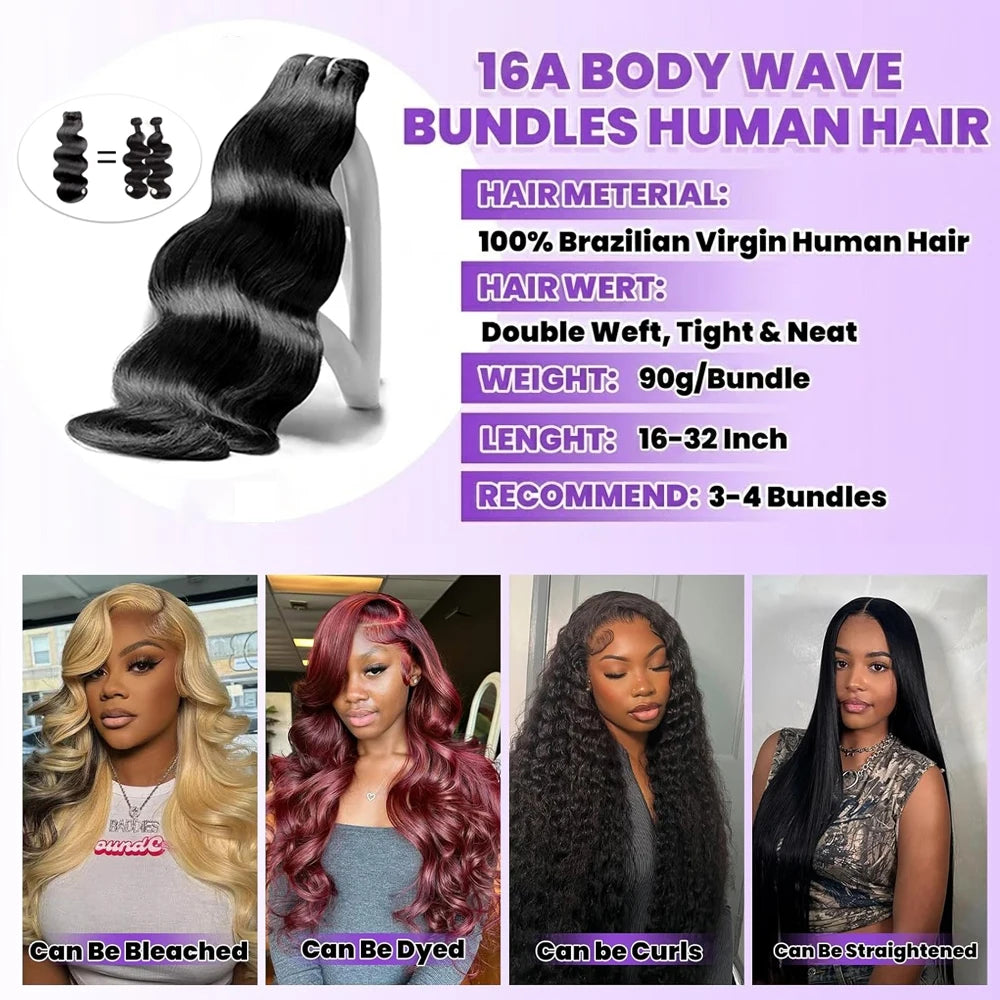 30 32 Inch Full Head Body Wave Bundles 100% Raw Human Hair Weaving Virgin Hair Extensions 1 3 4 Pcs Natural Black Color Double Weft Remy Hair Thick Full Ends Hair Bundles