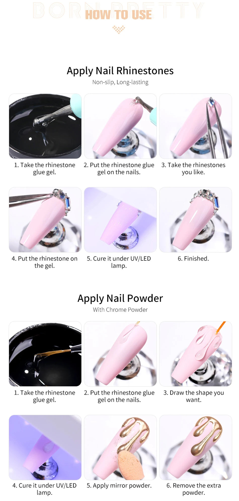 BORN PRETTY Rhinestones Glue Gel Mirror Nail Powder With Nail Liner Brush UV LED Transparent Adhensive Glue Gel