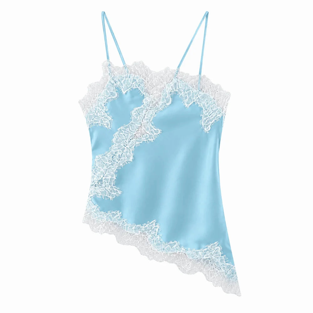 Elegant Asymmetrical Lace Lace Patchwork Top Sleeveless Backless Camisole Tops V Neck Sexy Lace Women tank top Summer Wear