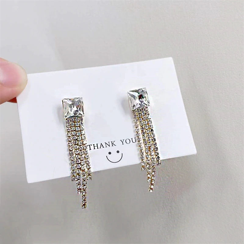 Shiny Crystal Zircon Long Stud Earrings for Women Geometric Hanging Drop Tassel Earring Fashion Party Vintage Pendant Jewelry
