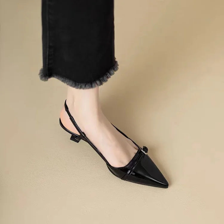2025 French Pointed Sandals Burgundy Patent Crisscross Straps Metal Decor Slim Heel Open-Back Fairy Sandals