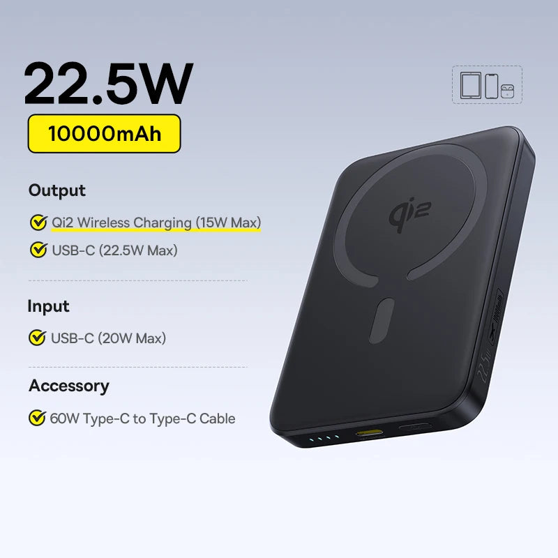 Baseus Qi2 Magnetic Power Bank 10000mah 15W Wireless Charging 22.5W Wired Charge Qi2-Certified for iPhone 16 15 14 13 12 Pro Max - Shoppiline