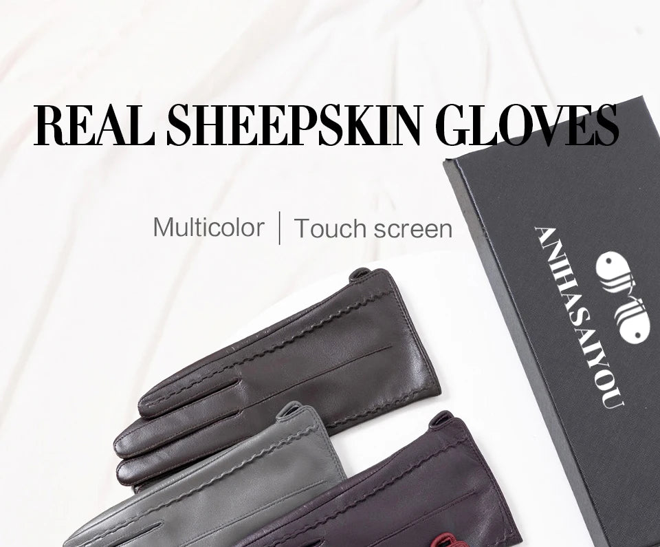 Women's sheepskin gloves winter warm plus velvet short thin touch screen driving color women's leather gloves good quality -2226