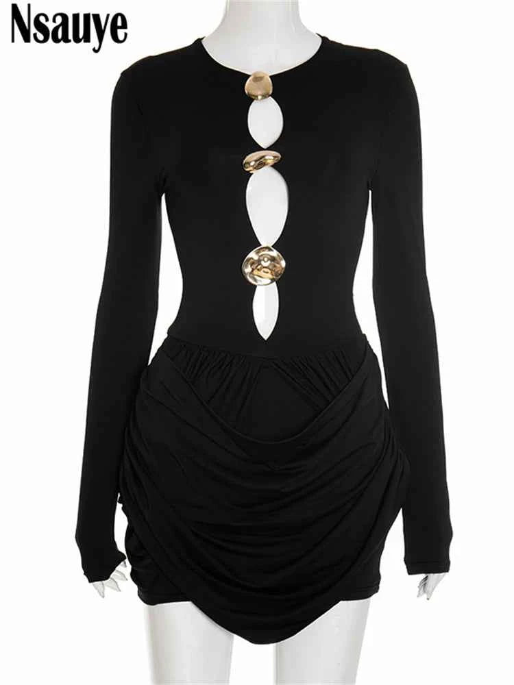 Nsauye Autumn Winter Women 2025 Sexy Night Club Mini Wrap Hollow Out Party Dress Fashion Elegant Evening Short Dress Long Sleeve
