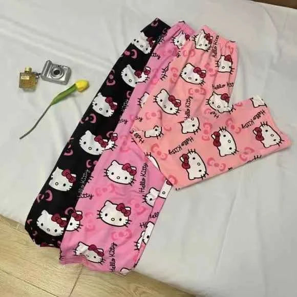 Cartoon Hello Kitty pajama pants for men and women spring and summer thin loose couple casual home pants walking pants