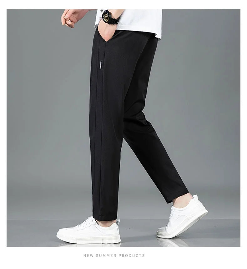 Herren Eisseide-Hose 2025 Sommer Neu Schwarz Grau Dünne Business-Freizeithose Outdoor Elastisch Atmungsaktiv Gerades Bein Jogginghose