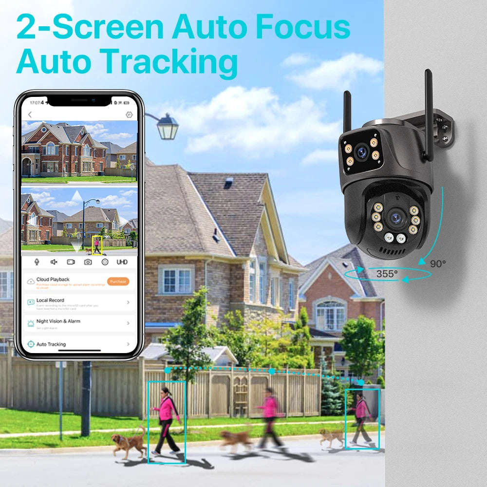 4K 8MP HD Wifi PTZ Camera Outdoor 4MP Dual Lens Dual Screen AI Auto Tracking IP Camera CCTV Audio Video Surveillance P2P iCSee - Shoppiline