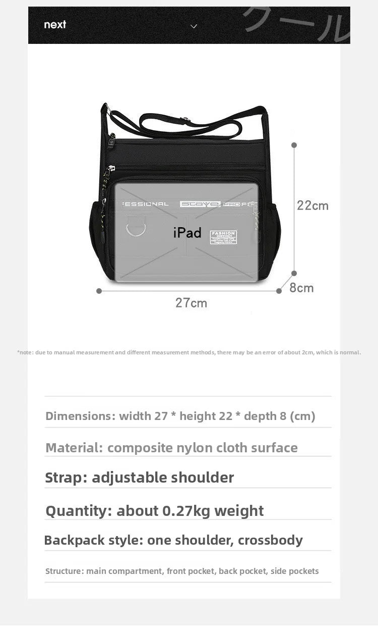 Men's cross-body bag with multi-layered pockets, adjustable shoulder strap, business single-shoulder bag