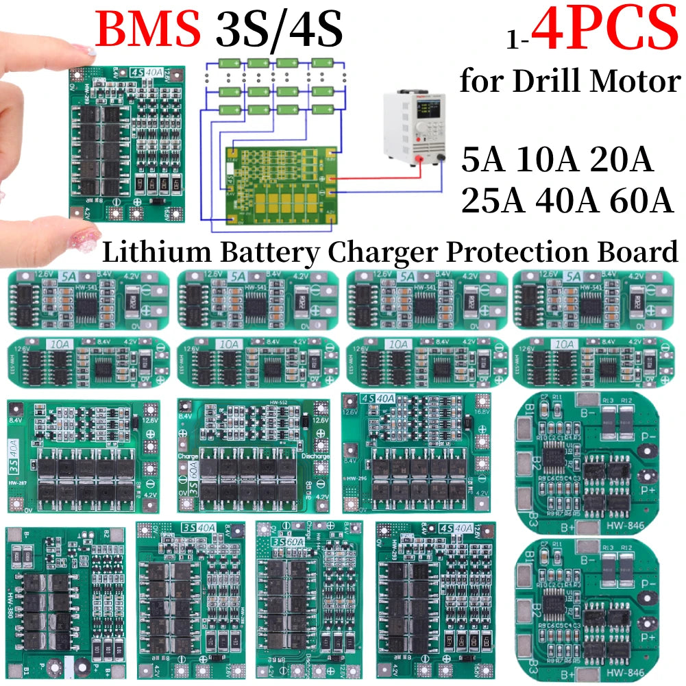 BMS 3S/4S 5A 10A 20A 25A 40A 60A Li-ion Lithium Battery Charger Protection Board 18650 For Drill Motor 12V with Enhance/Balance - Shoppiline
