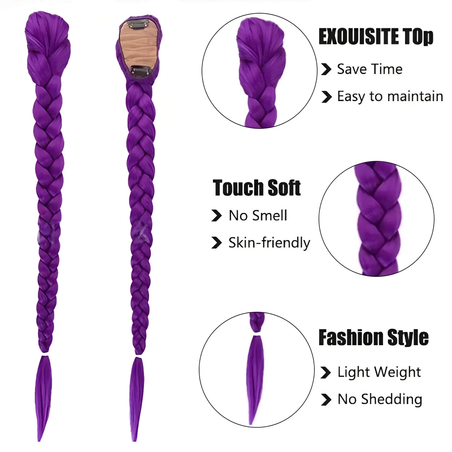 26inch Synthetic Braided Purple Hair Ponytail Rumi Costume Hairstyle Long Ponytail with Clips for Kids Girls Halloween Christmas