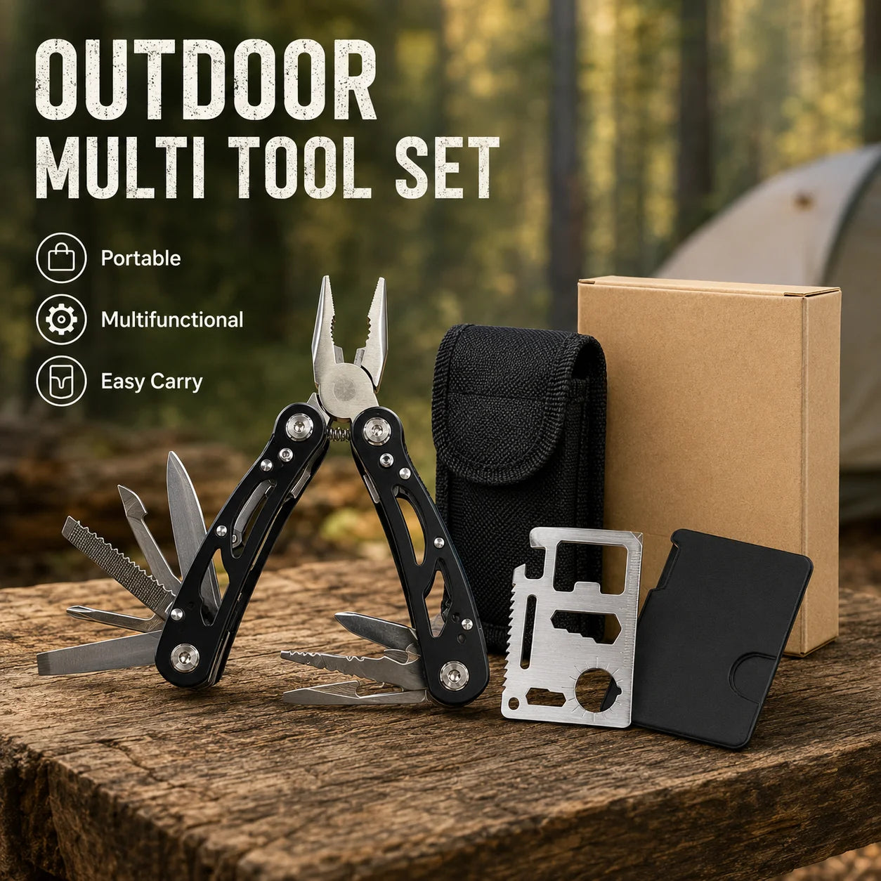 2PCS Outdoor Multi Tool Set, Folding Pliers and Pocket Card Tool for Camping Repair, Portable Emergency Hand Tools