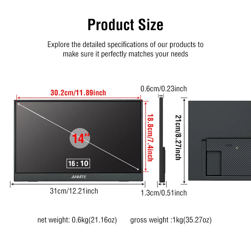 14 Inch Portable  Touch Monitor Non-touch optional 16:10 400cd/m2 Gaming Computer Expand Display For XBox PS4/5 Switch Loptop - Shoppiline