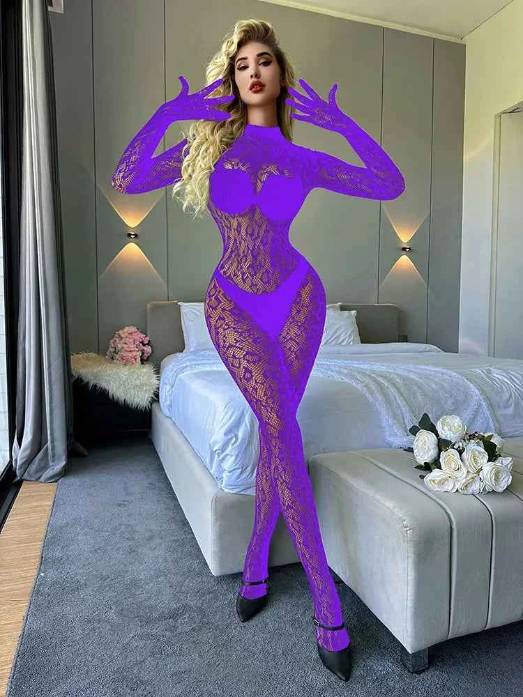 Sexy Lace See Through Bodysuit Long Sleeve Fishnet Jumpsuits Elastic Night Club Jump Suits for Women Sexy Pole Dancing Overalls