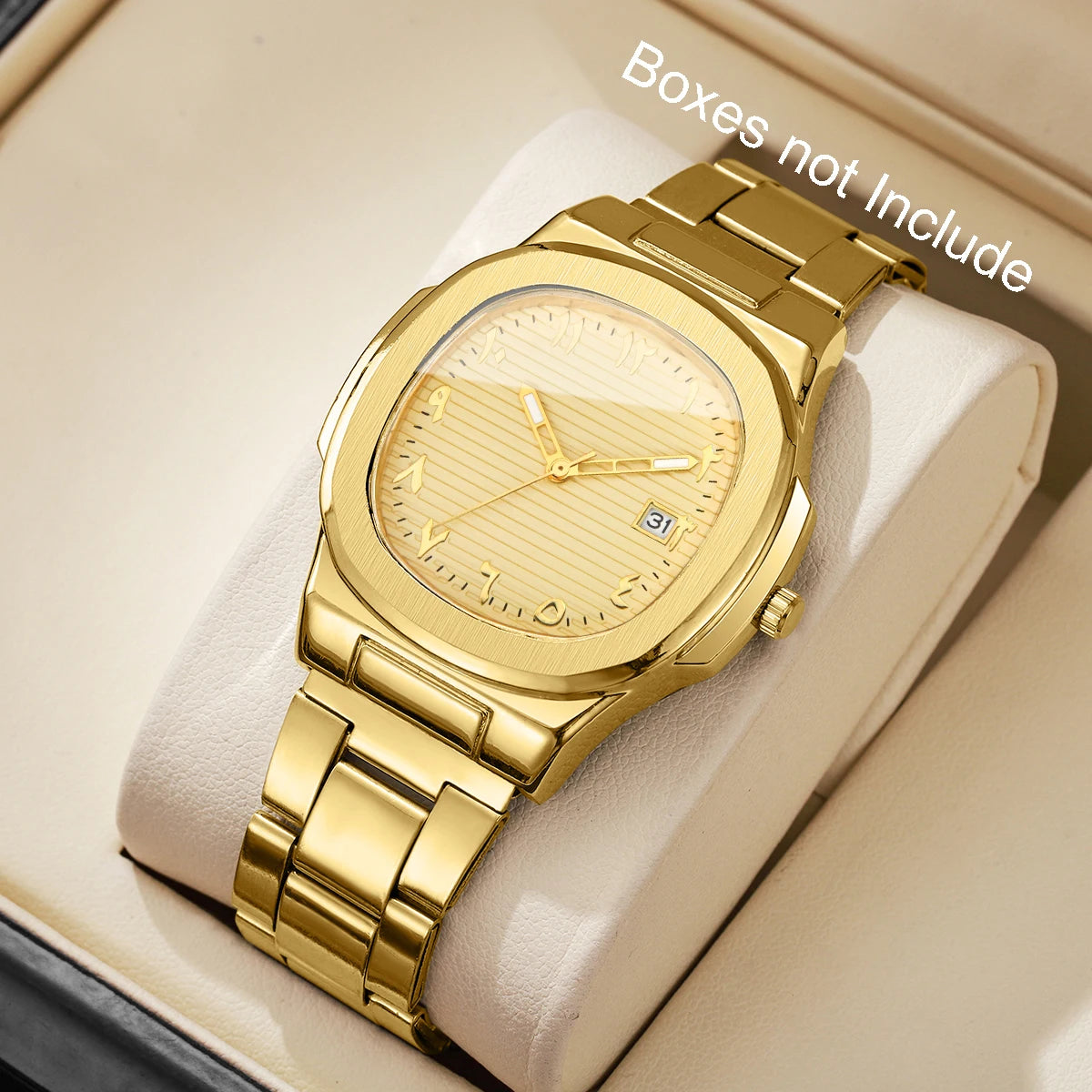 Luxus Herren Business Uhren Mode Quadratisches Zifferblatt Edelstahlarmband Quarzuhr mit Kalender für Herrenuhr (Ohne Box)