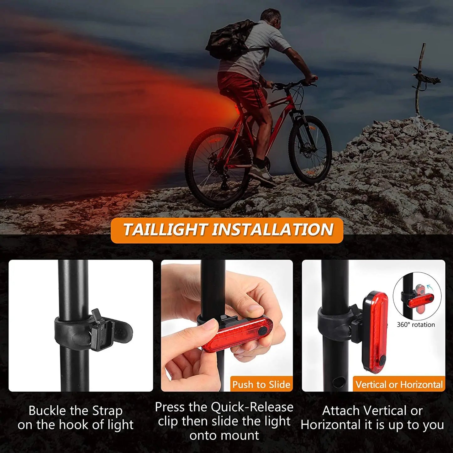 Bike Light Set Front Light with Taillight LED Rechargeable Bicycle Lights 3 Modes Headlight Easy to Install Night Cycling Lamp