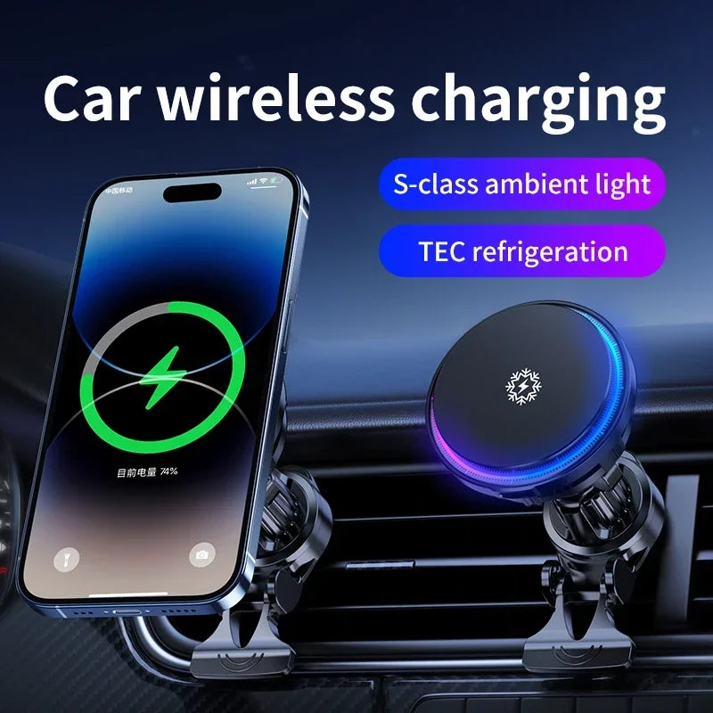 Ice Cooling Magnetic Wireless Car Charger Fast Charging Station for MagSafe iPhone 16 15 14 13 12 Pro Max Car Phone Holder Stand - Shoppiline