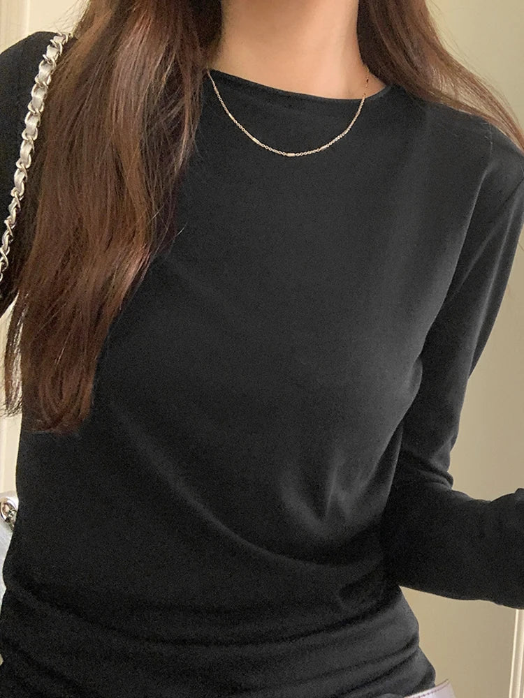 Spring Autumn T shirt Women Tops Solid Long Sleeve Ruched O Neck Tshirts Female Korean Casual Streetwear High Quality Base Tees