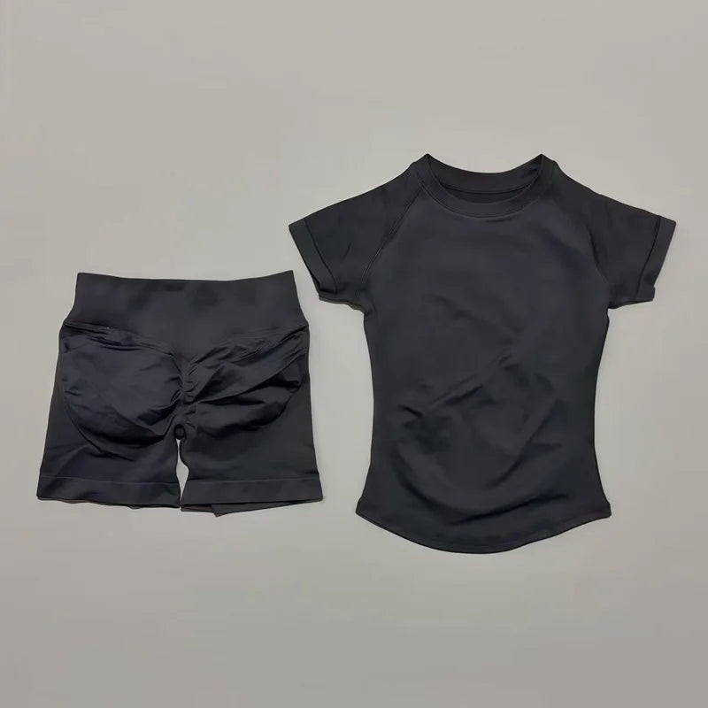 2 Pcs HISTELLO Sports Gym Sets Short Sleeve Seamless Yoga Clothing Fitness Set Women Workout Running Sports Short Leggings Suit