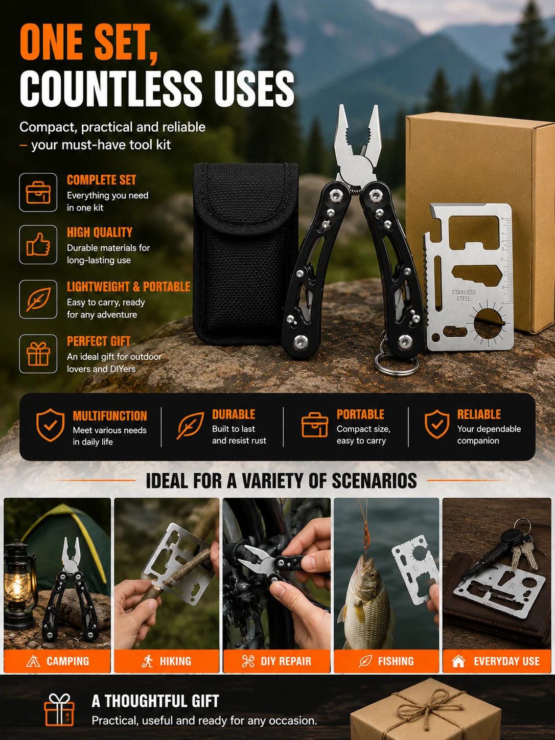 2PCS Outdoor Multi Tool Set, Folding Pliers and Pocket Card Tool for Camping Repair, Portable Emergency Hand Tools