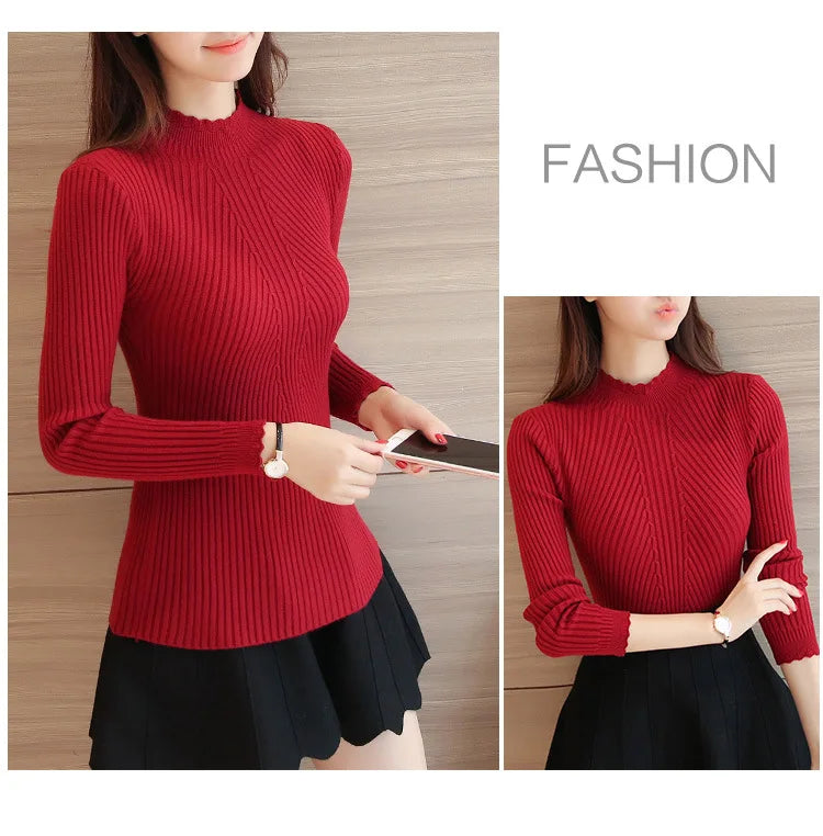 2026 Autumn Women Mock Neck Ruffles Sweater Long Sleeve Knitted Bottoming Solid Pullovers Stripe Women Casual Sweater Winter