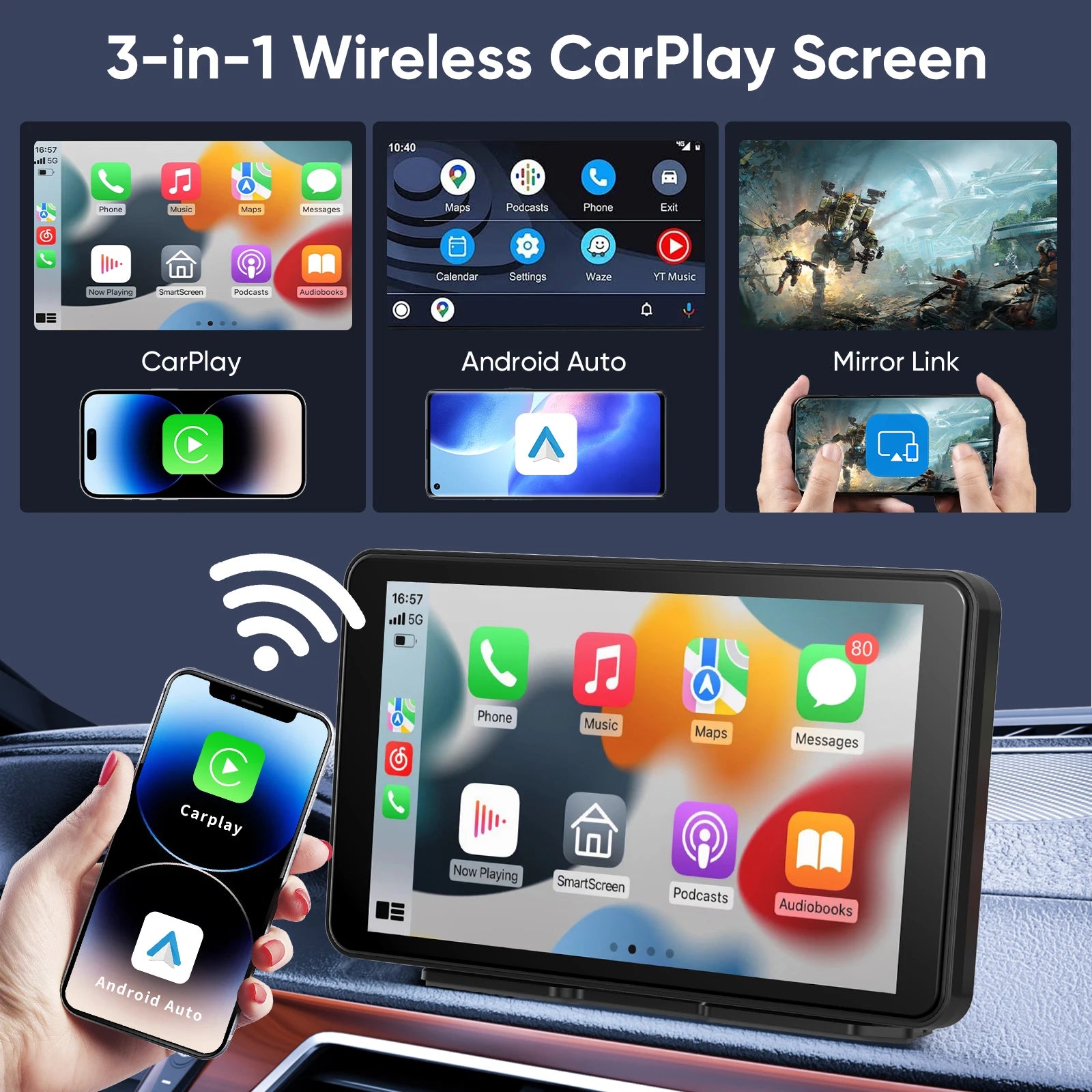 Pionray 7/10 inches android auto Universal Portable CarPlay for Car Screen Car Radio Video Wireless Carplay Screen for Apple - Shoppiline