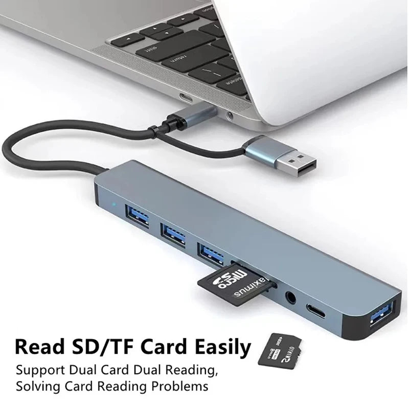 USB C Hub USB Splitter 8-in-1 USB Extender mit 4 USB-Anschlüssen, 1 USB-C-Anschluss, TF/SD-Kartenleser, Audioausgang, kompatibel für MacBook