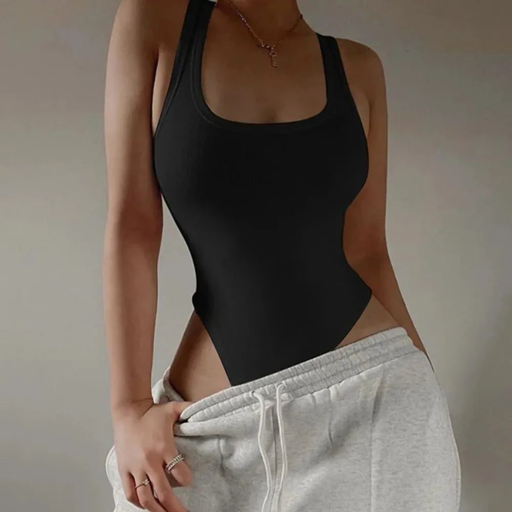 Body sans manches en maille moulant et sexy pour femme, haut court dos nu et asymétrique, pour l'été, le quotidien ou les soirées en boîte.