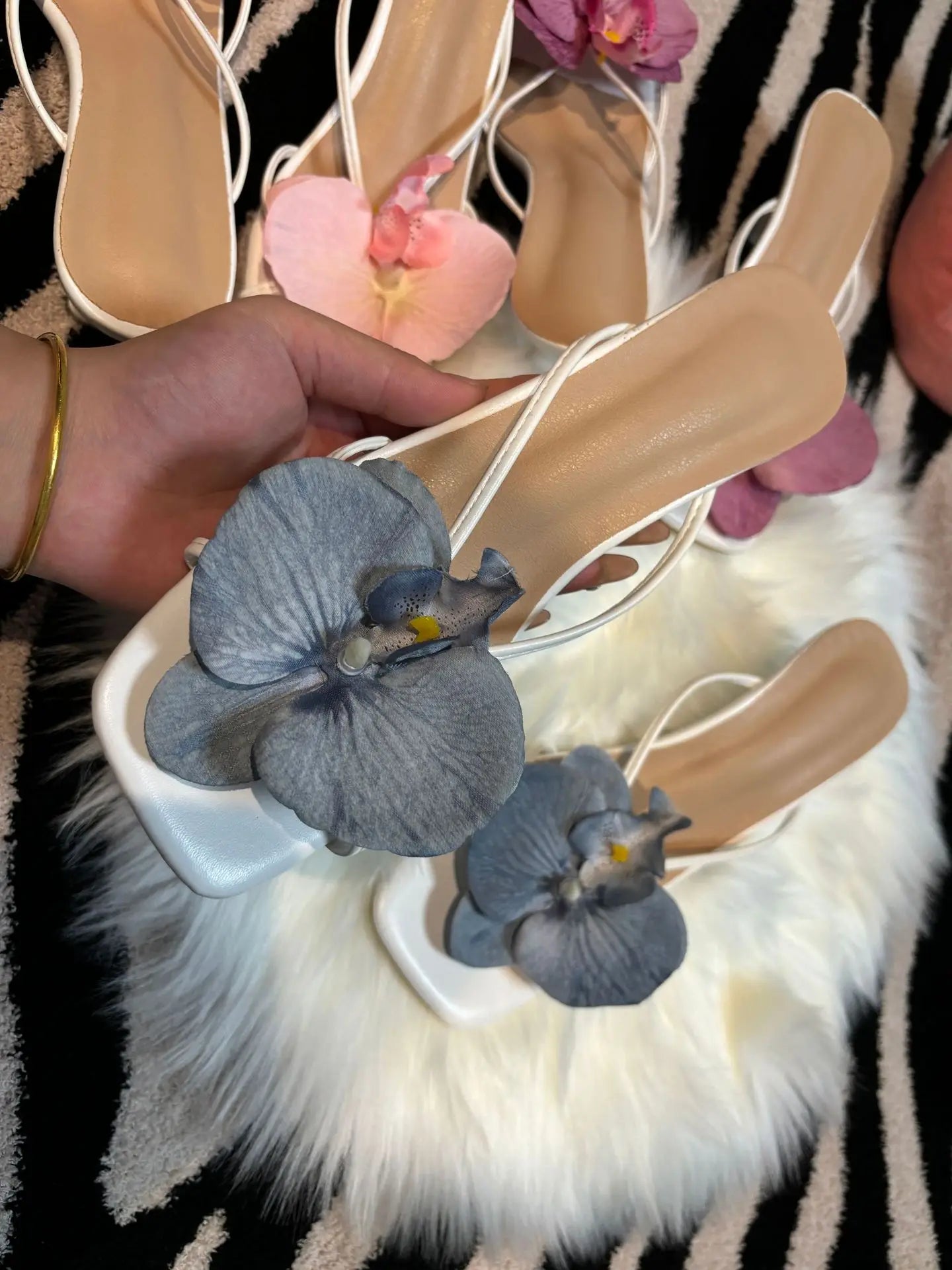 Orchid Flower Summer New High Heeled Women White Pink Blue Purple Floral Heels Square Toe Prom Slipper Slingback Shoes for Women