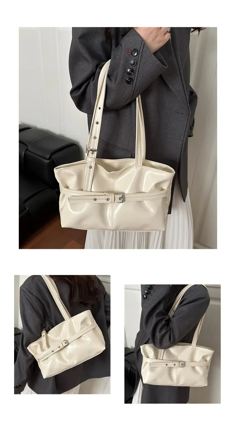 Solid-color Versatile Tote Bag for Women High-quality Suede Buckle-designed Bucket Commuter Bag