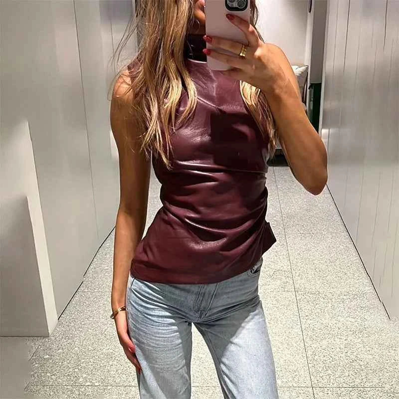 Burgundy Leather Tops Women Fashion Ruched Bodycon Crop Top Summer Sexy Sleeveless Irregular Night Club Party Tanks 2024 Black