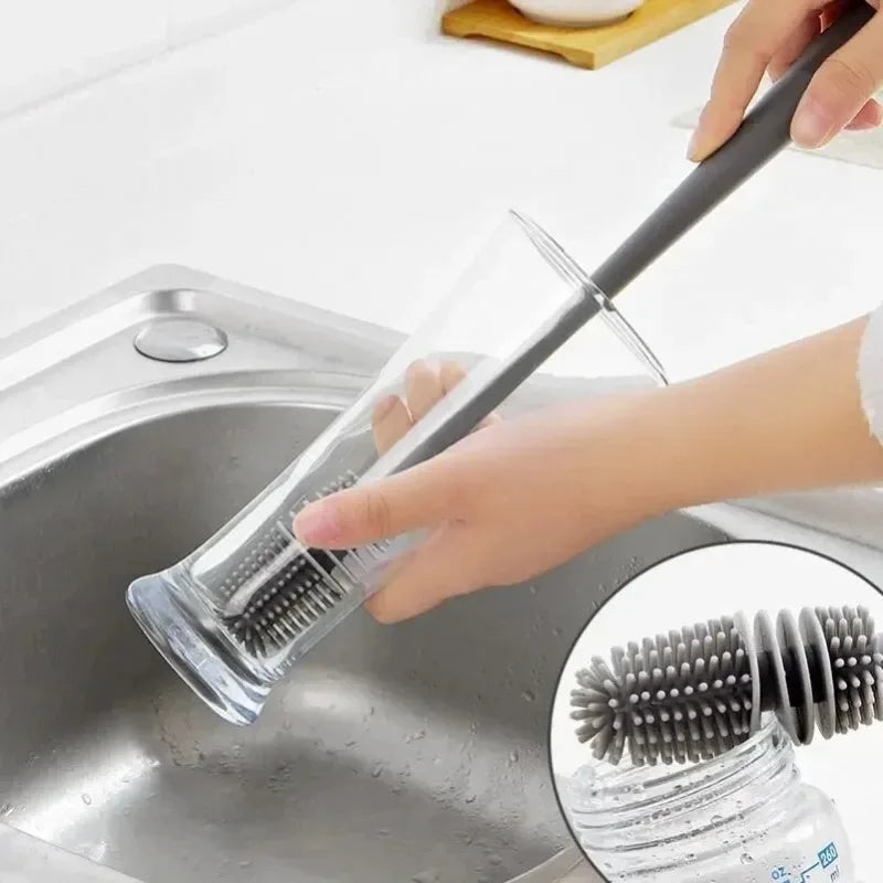 Long Handle Silicone Milk Bottle Brush - Kitchen Cleaning Tool for Glass Cup Scrubber Drink Bottle Cleaner with Ergonomic Design