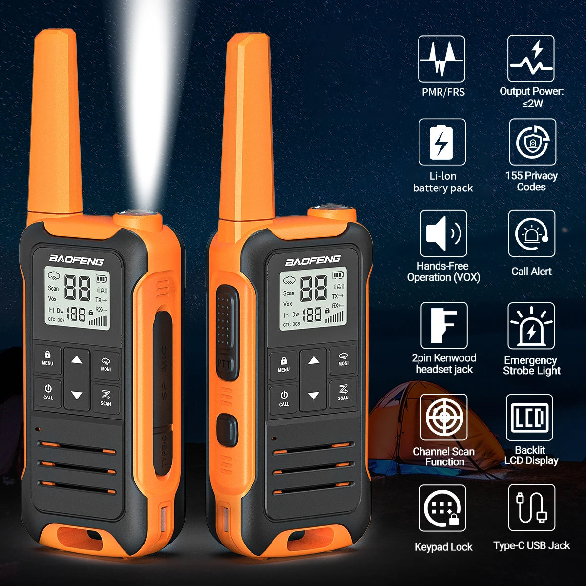 2pcs Baofeng F22 Mini Walkie Talkie PMR Long Range Rechargable Portable Kids Two Way Radio Type-C Charger for Camping Trip - Shoppiline