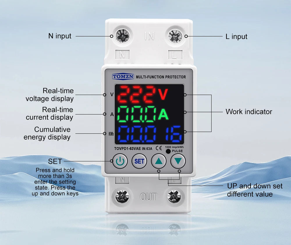 DIN Rail Dual Display Adjustable Over Voltage Current And Under Voltage Protective Device Protector Relay 40A 63A 80A 220V 230V