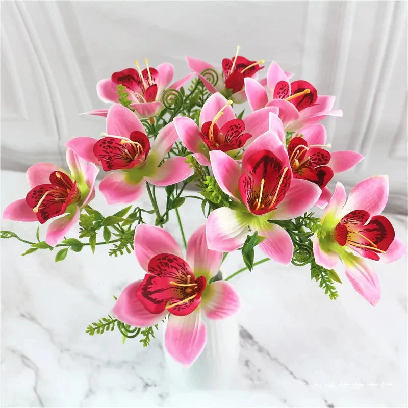 10Pcs White Silk Orchid Bouquet, Faux Flowers for DIY Wedding Decor, Table & Vase Decoration