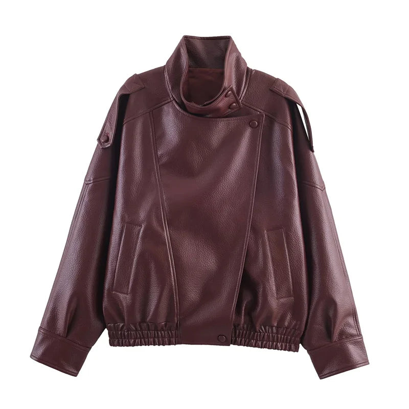 Women's Jacket 2026 Autunm  New Black Long Sleeve Pebble Faux Leather Jacket Motorcycle Style Personality Fashion