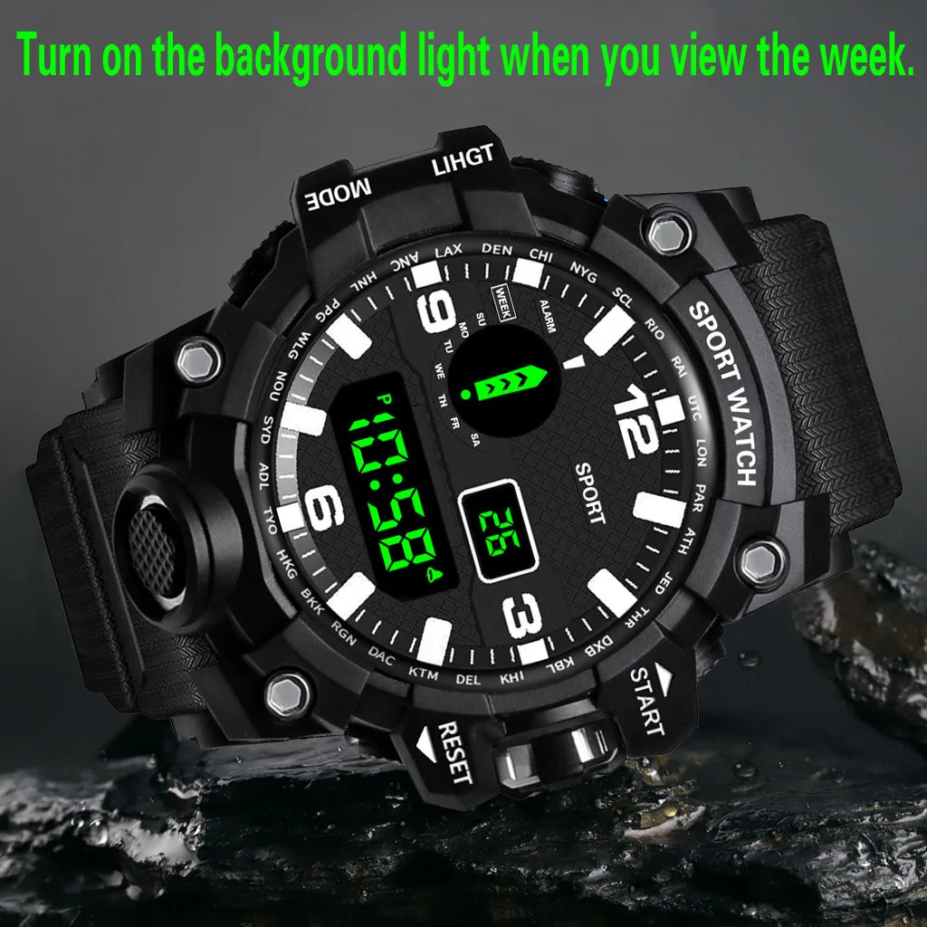 Mode Herrenuhr Sportliche elektronische Armbanduhr Großes Zifferblatt Multifunktional Wasserdicht Leuchtend Alarm Kinder Militäruhr für Herren