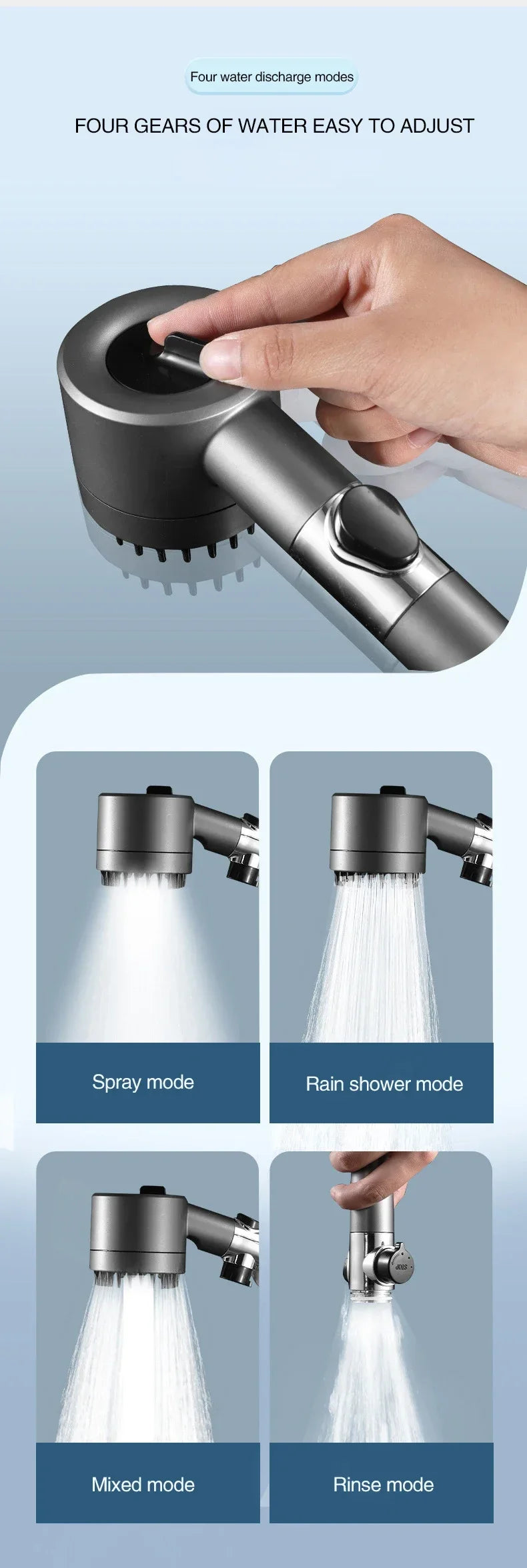 3-Mode Adjustable High Pressurized Filter Shower Head with Massage Brush Rain Faucet - Bathroom Shower Accessories