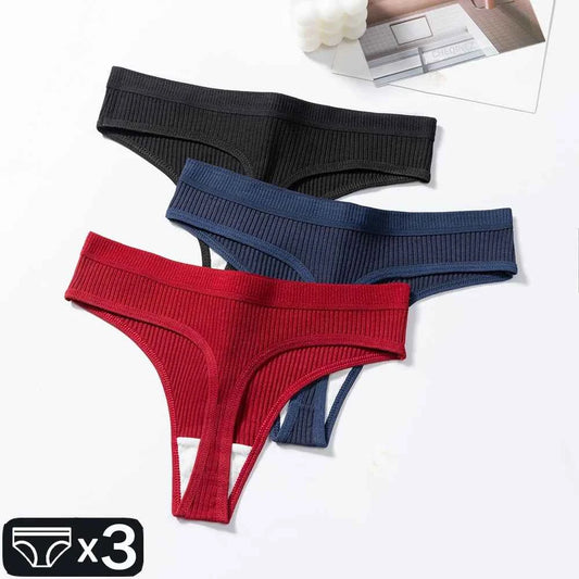 3Pcs/Set Thongs Women's Panties Striped Briefs Girls Solid Color Elastic Underwear Female Sexy Lingeries Hot Comfort G-string